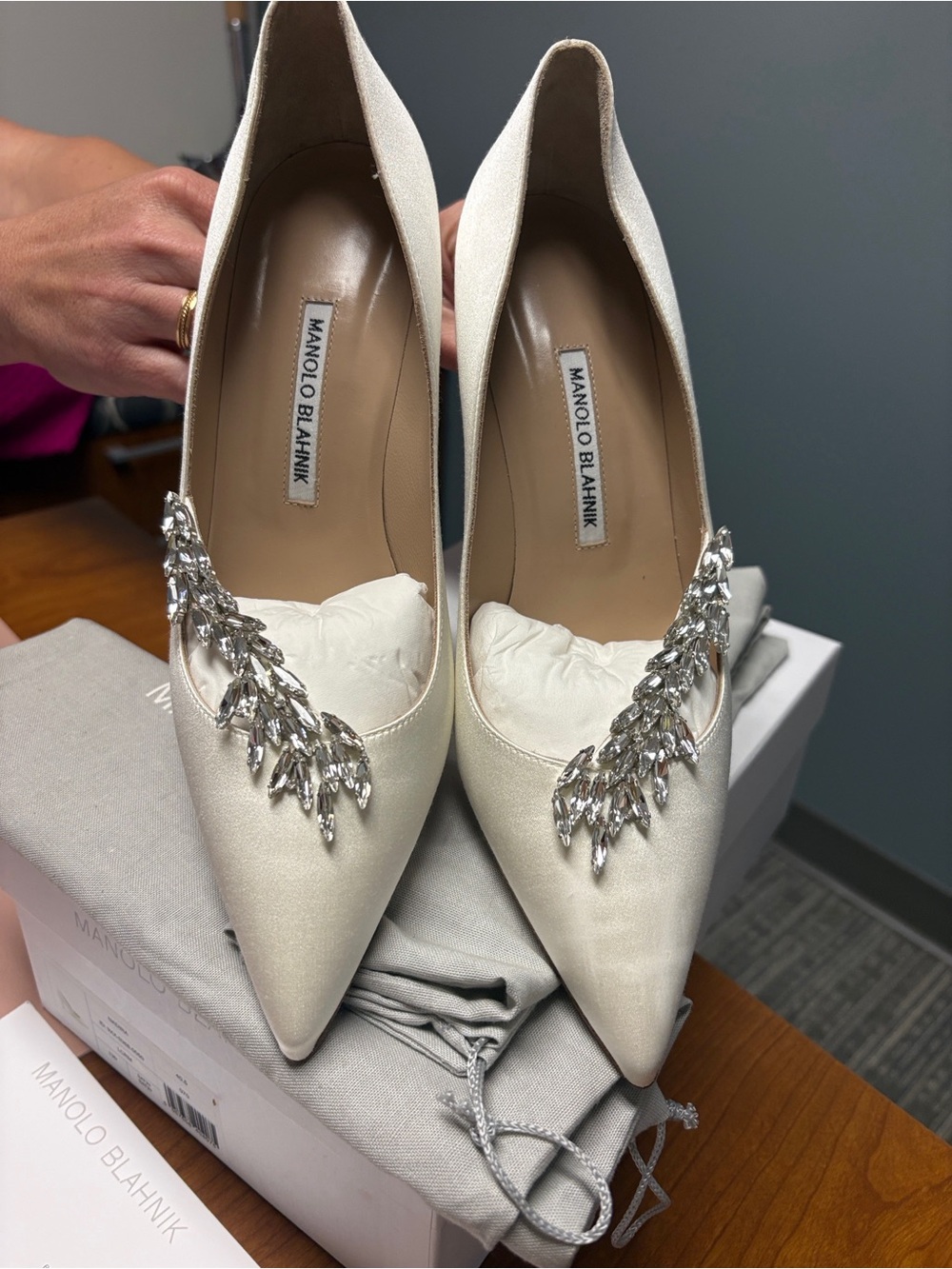 Manolo Blahnik Cream Satin Crystal- Embellished Pointed-Toe Pumps
